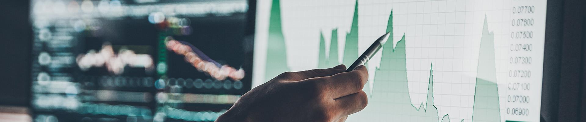 person pointing at graph with a pen on computer